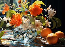 Rozświetlone kwiaty w wazonie obok pomarańczy