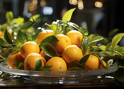 Rozświetlone pomarańcze z listkami na szklanym półmisku