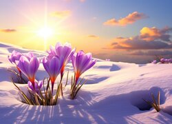 Rozświetlone promieniami słońca kępki krokusów w śniegu