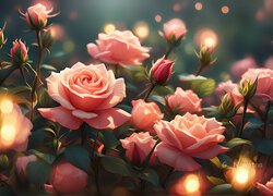 Rozświetlone róże z pąkami w grafice 2D
