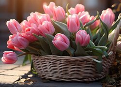 Rozświetlone różowe tulipany w koszyku