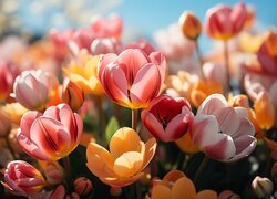 Rozświetlone rozwinięte kolorowe tulipany