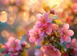 Rozświetlone słońcem różowe kwiaty na gałązkach