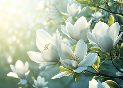 Białe, Kwiaty, Gałązki, Słoneczne, Światło, Grafika, Magnolia