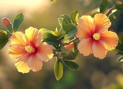 Hibiskus, Kwiaty, Gałązka, Słoneczne, Światło, Grafika