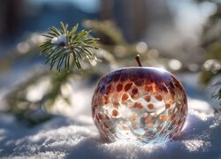 Rozświetlone szklane jabłko na śniegu obok gałązek jodły