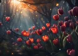 Rozświetlone tulipany w lesie