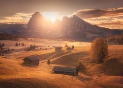 Płaskowyż Seiser Alm, Dolina Val Gardena, Góry Sassolungo, Dolomity, Wzgórza, Wschód słońca, Domy, Drzewa, Włochy