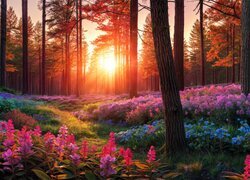 Rozświetlone zachodzącym słońcem kolorowe kwiaty w lesie