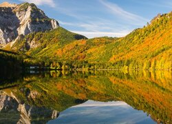 Jesień, Zalesione, Góry, Skały, Jezioro, Langbathseen, Austria