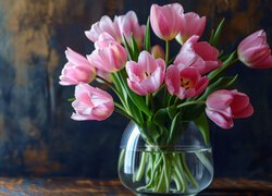 Rozświetlony bukiet różowych tulipanów w wazonie