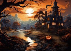 Halloween, Grafika, Góry, Rzeka, Dom, Drzewa, Dynia, Księżyc