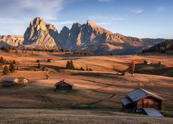 Dolomity, Góry, Sassolungo, Płaskowyż Seiser Alm, Dolina, Val Gardena, Drzewa, Drewniane, Domy, Włochy