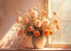 Rozświetlony słońcem bukiet róż w wazonie przy oknie