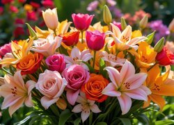 Rozświetlony słonecznym blaskiem bukiet różnych kolorowych kwiatów