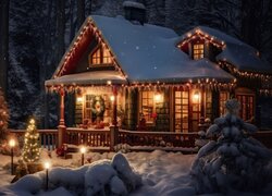 Boże Narodzenie, Zima, Dom, Drzewa, Choinka, Światła, Noc, Grafika