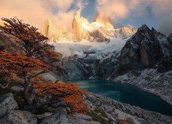 Argentyna, Patagonia, Góry, Szczyt, Fitz Roy, Jezioro, Drzewo, Chmury