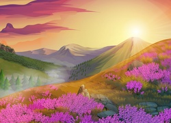 Rozświetlony widok na góry i kwiaty w grafice 2D