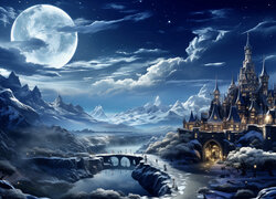 Rozświetlony zamek nad rzeką w księżycowym blasku