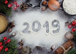 Nowy Rok, 2019, Kompozycja, Mąka, Gałązki, Cynamon, Szyszki
