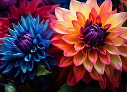 Kwiaty, Kolorowe, Dalie, Niebieska, Pomarańczowo-żółta