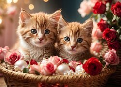 Rudawe kotki w koszyku z różami