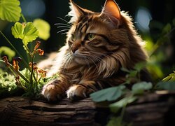 Rudawy kot w słonecznym blasku wśród roślin
