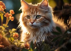 Rudawy kot wśród rozświetlonych roślin