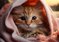 Rudawy kotek pod różowym kocem