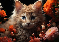 Rudawy niebieskooki kot wśród kwiatów