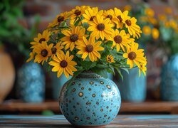 Bukiet, Żółte, Kwiaty, Rudbekia, Niebieski, Wazon