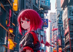 Rudowłosa dziewczyna na ulicy miasta w anime