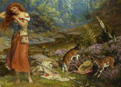 Rudowłosa dziewczyna w lesie na obrazie Atrhura Hughesa