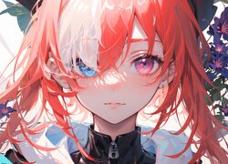 Rudowłosa dziewczyna z kolorowymi oczami w anime
