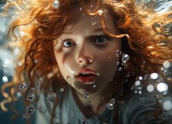 Rudowłosa dziewczynka wśród kropel wody