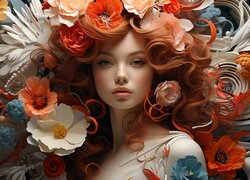 Rudowłosa kobieta otoczona kolorowymi kwiatami