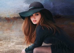 Rudowłosa kobieta w kapeluszu w paintography