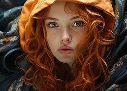 Rudowłosa kobieta w pomarańczowym kapturze