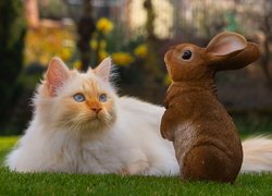 Rudy kot obok figurki zajączka na trawie