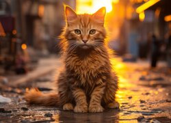 Rudy kot siedzący na ulicy