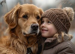 Rudy, Pies, Golden retriever, Dziewczynka, Czapka, Kurtka