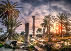 Hiszpania, Almeria, Turaniana, Ruiny, Palmy, Promienie słońca, Fotomontaż