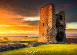 Łąka, Niebo, Wschód słońca, Zamek, Hadleigh Castle, Ruiny, Trawa, Drzewa, Chmury, Hadleigh, Essex, Anglia