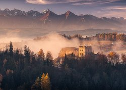 Polska, Czorsztyn, Zamek, Góry, Tatry, Mgła, Jesień, Drzewa