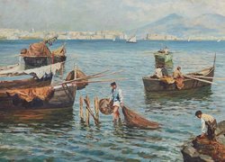 Rybacy przy łódkach w malarstwie Emmanuela Costa