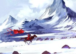Digital Art, Góry, Zima, Rycerz, Koń, Chorągiew