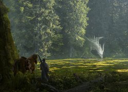 Rzeka, Drzewa, Smok, Koń, Wojownik, Fantasy