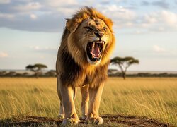 Ryczący lew na sawannie