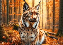 Ryś, Jesień, Las, Żółte, Liście, Grafika