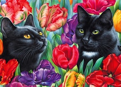 Rysunek dwóch czarnych kotów wśród kolorowych tulipanów